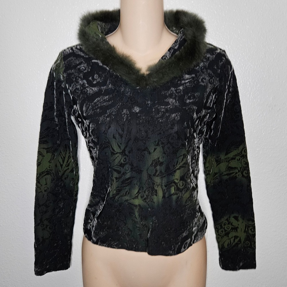 Burnout‎ Velvet Faux Fur Trim Top Green Floral Gothic Romantic
